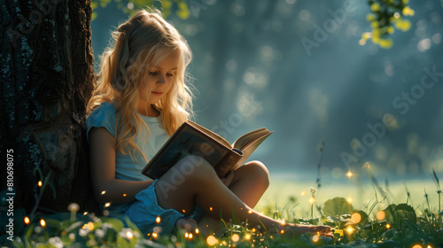 Young blonde girl reads a book while sitting under a tree, illuminated by sunlight in a magical forest.