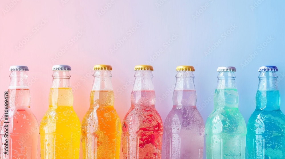A row of colorful bottles of soda with a blue background A row of colorful bottles of soda with a blue background