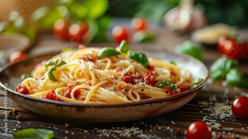 A plate of Linguine with Clam Sauce on a wooden table with sprinkled parmesan cheese and fresh basil leaves 