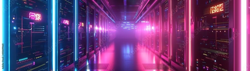 A futuristic data center with neon lights illuminating the aisles between rows of servers. The servers are glowing with activity, and the air is filled with the hum of their fans. A futuristic data center with neon lights illuminating the aisles between rows of servers. The servers are glowing with activity, and the air is filled with the hum of their fans.