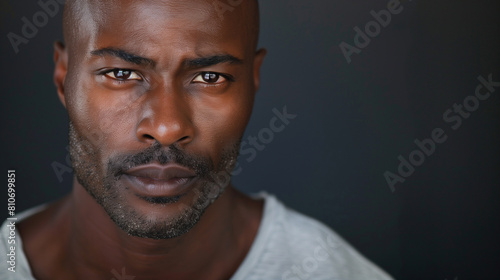 copy space, high resolution photo, 30 year very attractive black man, beautiful brown eyes he is very strong, defined jawline, wearing a simple T-shirt, he looks very confident.