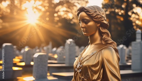 woman in the evening, buddha statue at sunset, angel statue in cemetery, person in the hood, sad angel statue at the cemetery with copy space for text, funeral concept photo