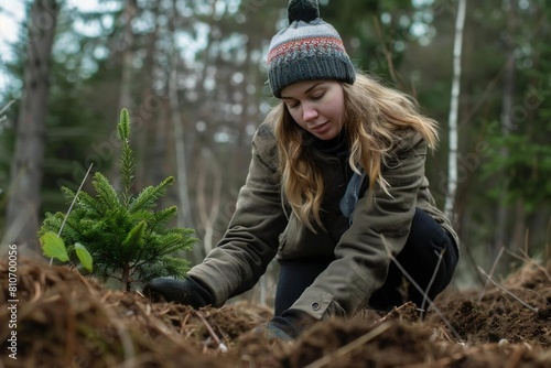 Young Caucasian Woman Participating in Family Memorial Tree Planting Ceremony in the Forest