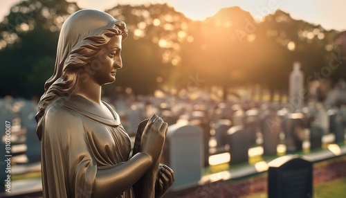 woman in the evening, buddha statue at sunset, angel statue in cemetery, person in the hood, sad angel statue at the cemetery with copy space for text, funeral concept photo