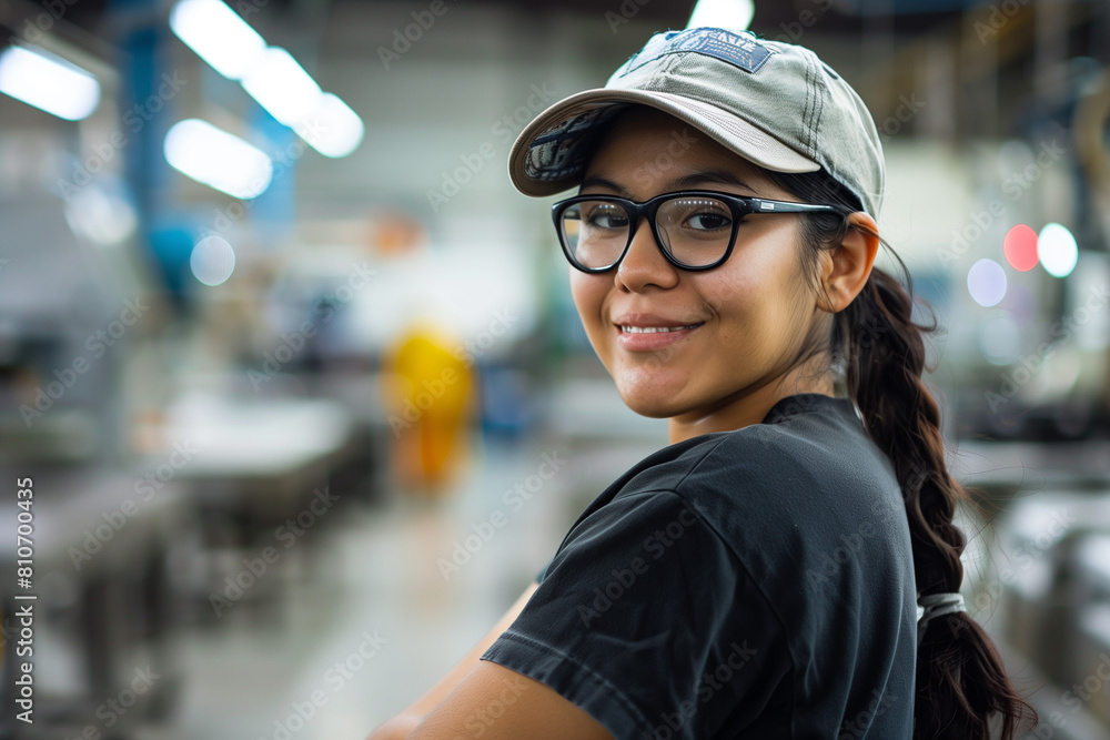 The photo shows a smiling Spanish factory worker who looks into the camera with a smile on her face, expressing pride in her work and satisfaction with the moment. The photo shows a smiling Spanish factory worker who looks into the camera with a smile on her face, expressing pride in her work and satisfaction with the moment.