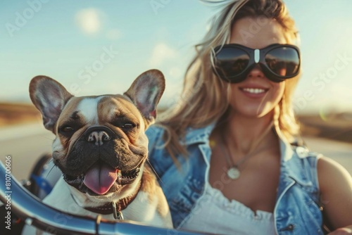 Young Caucasian Woman Cruising in Pedal Car with Adorable French Bulldog and Goggles photo