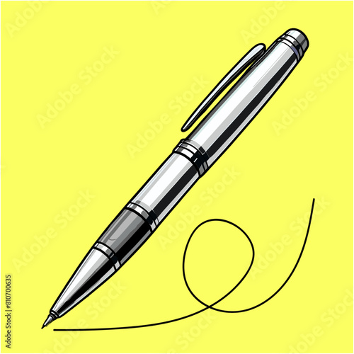White ballpoint pen writes, yellow background, vector illustration