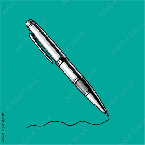 White ballpoint pen writes, green background, vector illustration