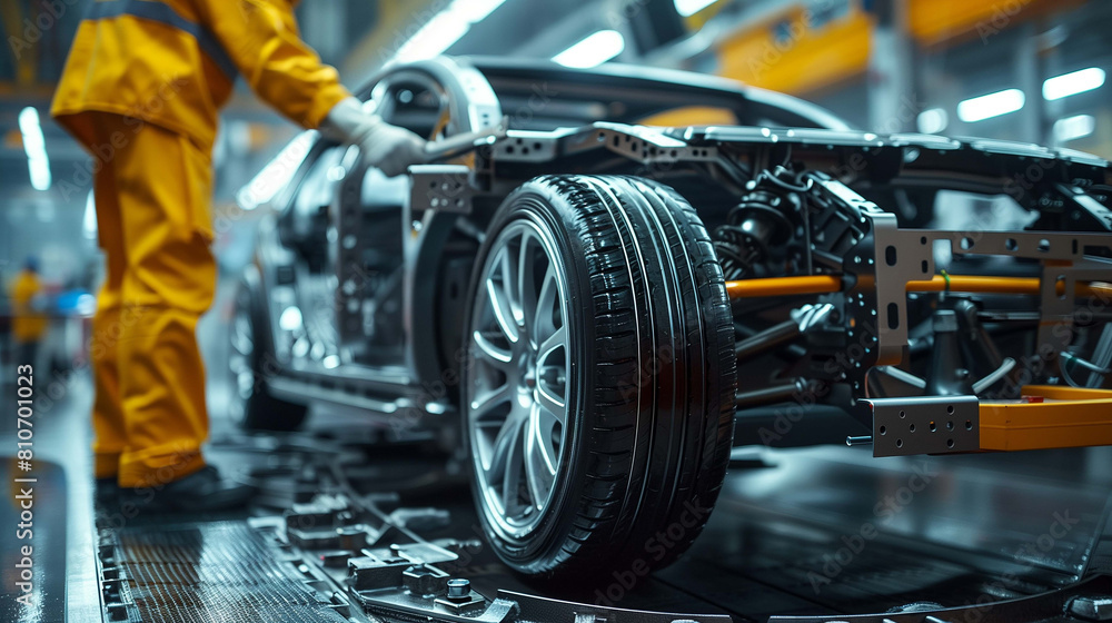 Precision engineering is evident in the foreground's portrayal of the car frame