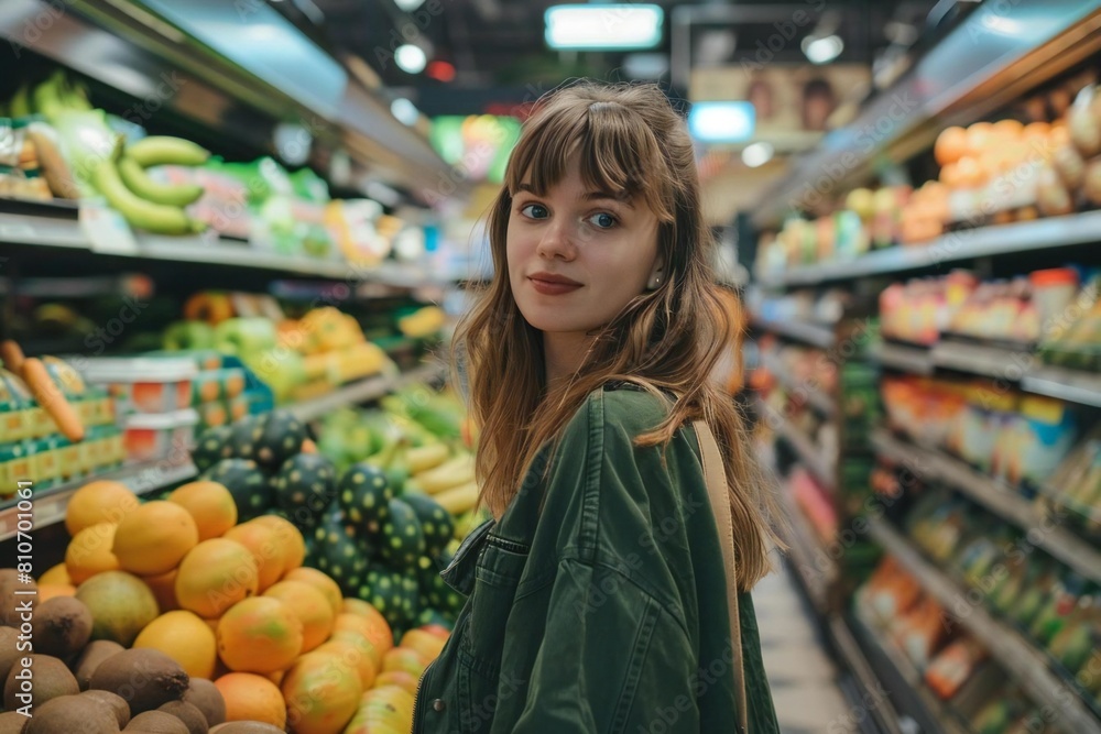 Young Caucasian woman making healthy choices while shopping in the supermarket