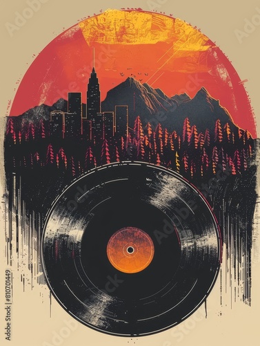 Vinyl Symphony A Warm Retro Sunset Cast Over a Stylized Mountain Cityscape photo