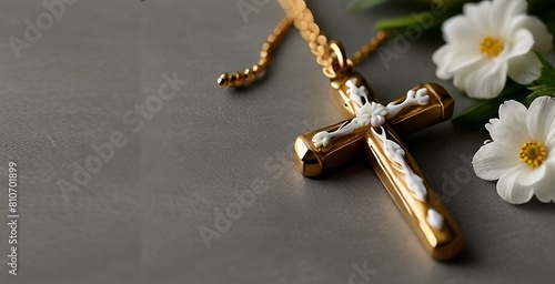 Gold christianity cross with necklace, white flowers. Church, background with copy space