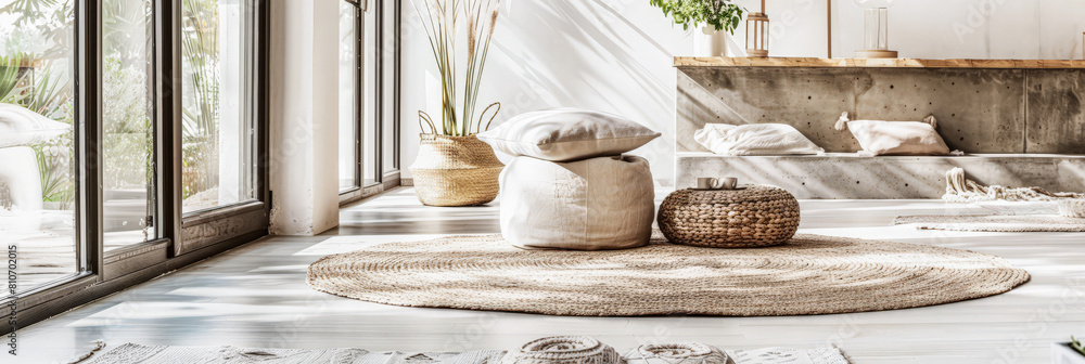 Minimalist interior design composition in a bright room with Scandinavian and zen decor. Home interiors in a luxurious style. Minimalist interior design composition in a bright room with Scandinavian and zen decor. Home interiors in a luxurious style.