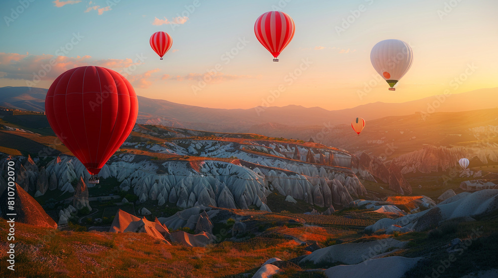 Red and white balloons drifting across a mountainous landscape during sunset.