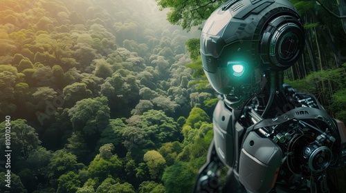 Robot stoi w środku lasu, otoczony drzewami i roślinnością. Zapewne jest częścią jakiejś misji eksploracyjnej lub badawczej