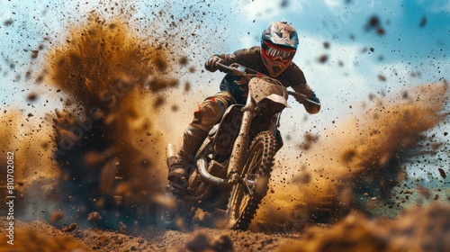 Motocross riders navigate a thrilling course with agility and skill, kicking up a flurry of dirt. © thekob5123