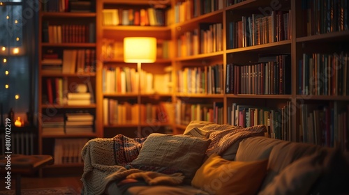 Well-stocked bookshelf in a cozy reading nook with soft lighting © siti