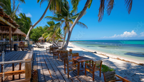 A beach with a wooden deck and tables with chairs by AI generated image