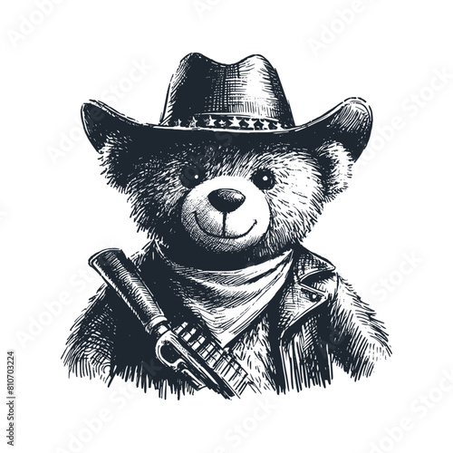 The bear as armed man. Black white vector logo illustration. 