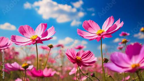 Beautiful cosmos flowers blooming against the background of a bright blue sky