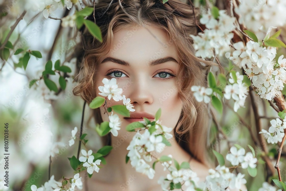 Fototapeta premium Portrait of a Beautiful Young Caucasian Woman Surrounded by Spring Blossoms: Greeting Card Template