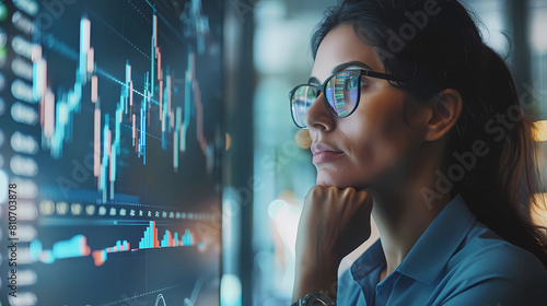 Businesswoman analyzing stock market trends and data on a digital tech screen in the office. Happy investor looking at stock data trends and graphs. Copy space for text - Generated by Generative AI