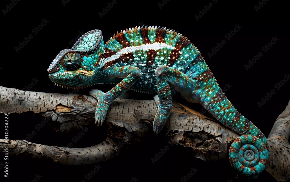 Obraz premium closeup, animal, lizard, wildlife, reptile, nature, chameleon, colorful, isolated, portrait, exotic, tropical, macro, fauna, pet, beautiful, branch, red, green, color, camouflage, head, background, de