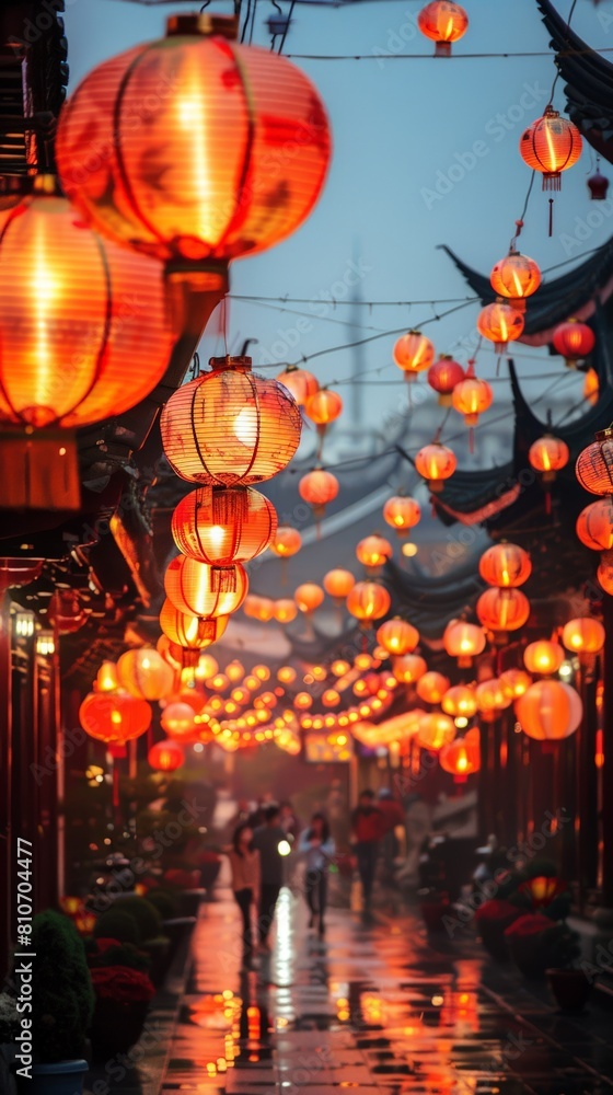 A street with many orange lanterns hanging from the ceiling A street with many orange lanterns hanging from the ceiling