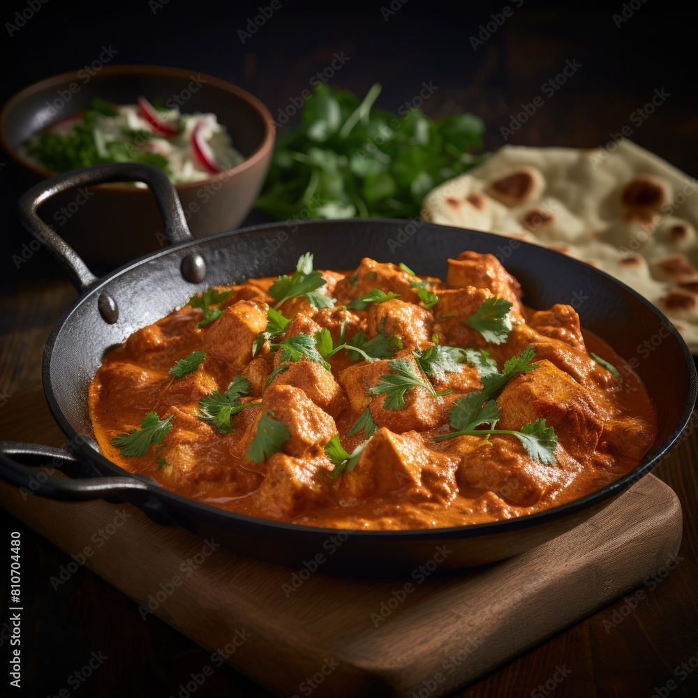 A bowl of red curry with green herbs sits on a wooden table A bowl of red curry with green herbs sits on a wooden table