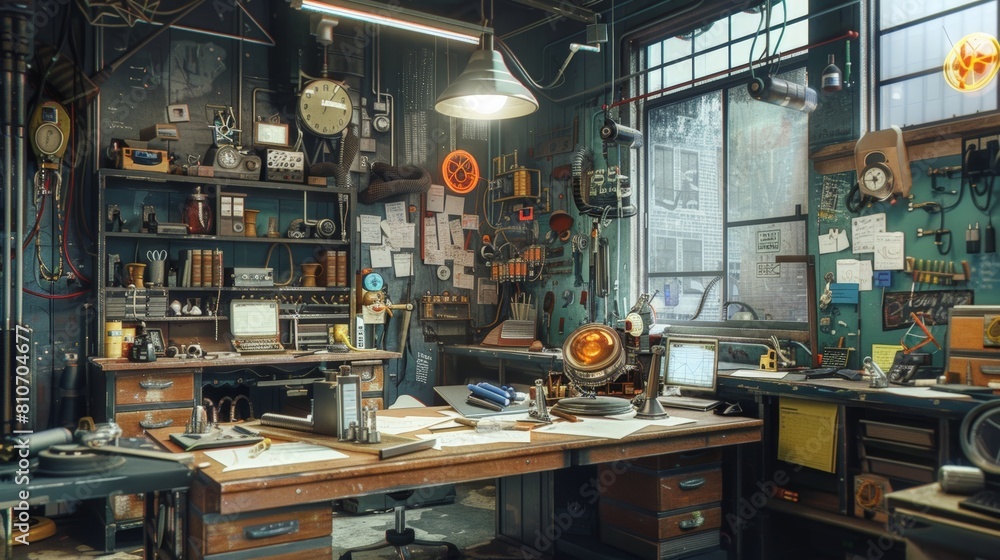 An innovators workspace filled with unusual tools, odd materials, and half-assembled inventions An innovators workspace filled with unusual tools, odd materials, and half-assembled inventions