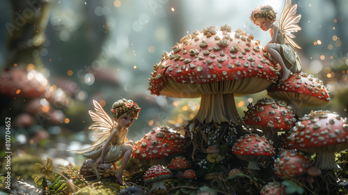 there is a fairy sitting on a mushroom with a fairy sitting on it