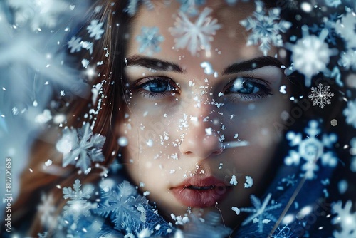 Beautiful Young Caucasian Woman Surrounded by Elegant Snowflakes
