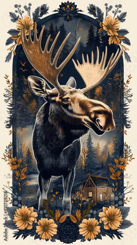 there is a moose standing in front of a cabin with flowers