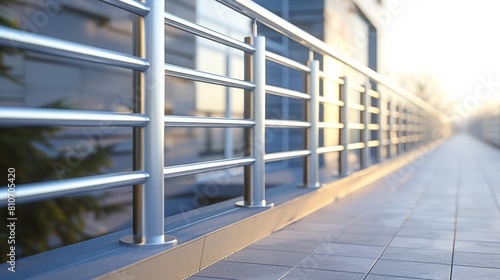 Sunlight gleaming on stainless steel railings along an outdoor modern walkway