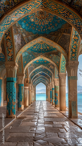 arafed walkway with blue and gold painted ceilings and columns