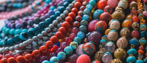 A closeup image of colorful handmade jewelry displayed against a neutral backdrop, ideal for boutique accessory marketing photo