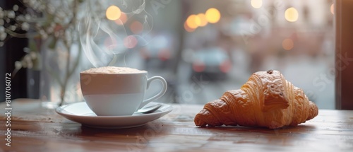 A closeup stock photo of a steaming cup of coffee and a croissant, set on a cafe table with a blurred urban background, perfect for breakfast promotions