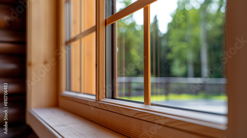 there is a window with a wooden frame and a wooden window sill