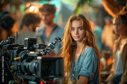 "Young Male and Female Filmmakers Team Up on Set, Eagerly Fine-Tuning Camera Gear Amidst a Diverse Crew in a Vibrant, Contemporary Studio Setting"