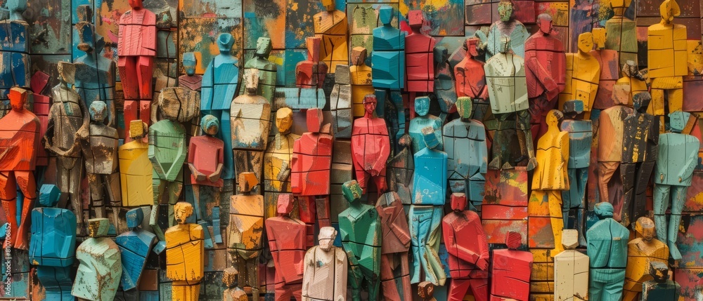 A colorful painted group of people wooden figures amidst a bustling cityscape, highlighting the chaos of urban life A colorful painted group of people wooden figures amidst a bustling cityscape, highlighting the chaos of urban life
