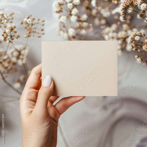 someone holding a blank card in their hand with flowers in the background