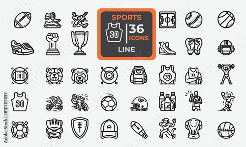 Set of 36 line  icons related to Sports. Outline icon collection. Editable stroke. Vector illustration photo
