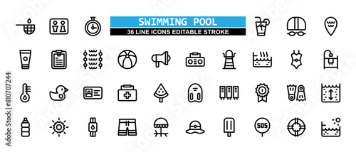 36 Swimming Pool Line Icons Set Pack Editable Stroke Vector Illustration.