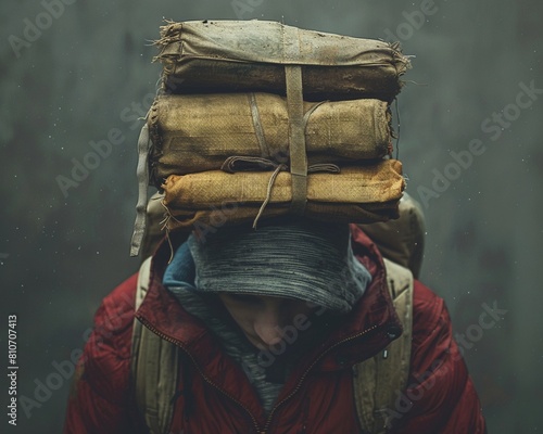 Unrealistic expectations visualized as a heavy burden on someones shoulders Symbolism photo