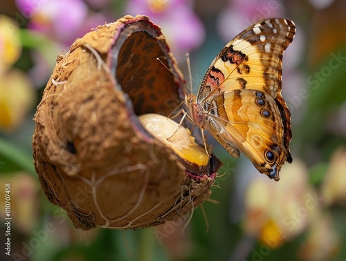 A butterfly emerging from a cocoon, representing transformation and growth Realism