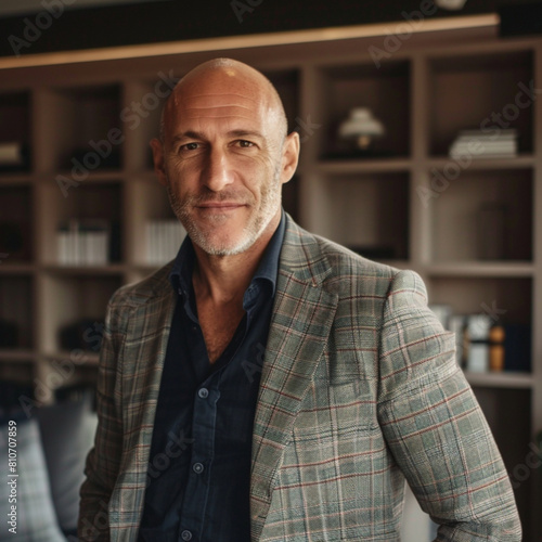 Front view. 40 years old. Bald, Confident, with a gentle, sincere smile that reflects friendliness and approachability. Classic, neat attire, in cozy office with soft chairs and bookshelves
