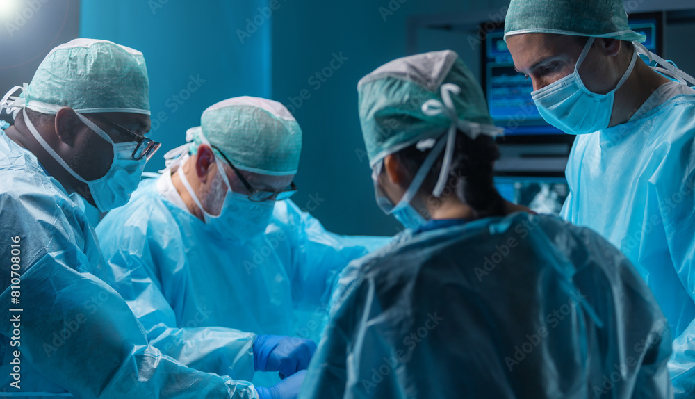 Team of medical doctors performs surgical operation in modern operating room using high-tech technology. Surgeons are working to save the patient in the hospital. Medicine, health and science. Team of medical doctors performs surgical operation in modern operating room using high-tech technology. Surgeons are working to save the patient in the hospital. Medicine, health and science.