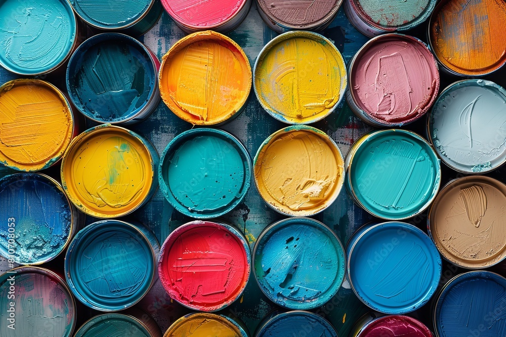 Background made with paint cans in various colors. Generative Ai Background made with paint cans in various colors. Generative Ai