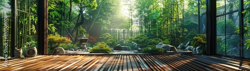 A Japanese art style creative design showcases a serene bamboo garden, illustrating a tranquil retreat from urban chaos photo