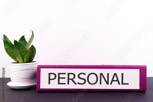 PERSONAL word concept written on a folder lying on a dark table with a flower in a pot on a light background